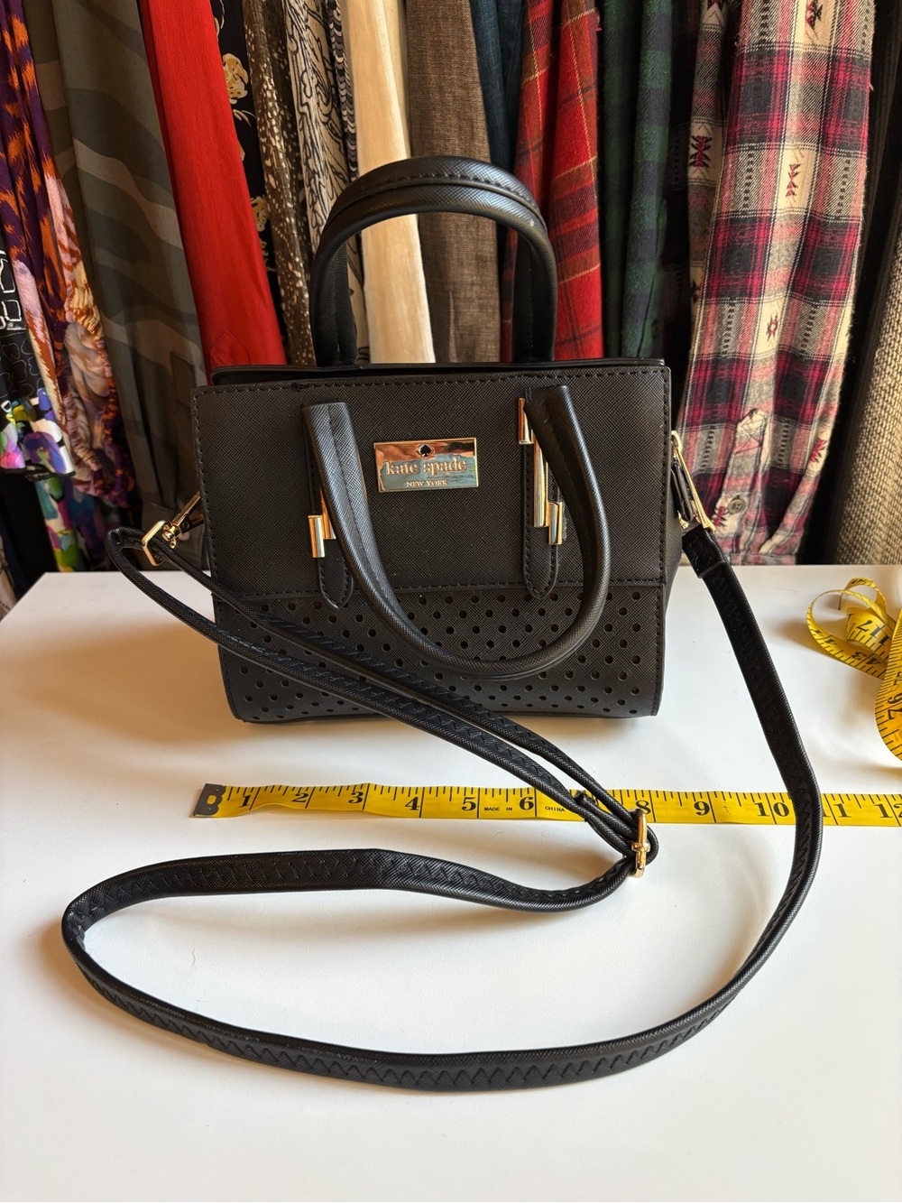 kate spade Black Perforated Mini Satchel with Gold Hardware